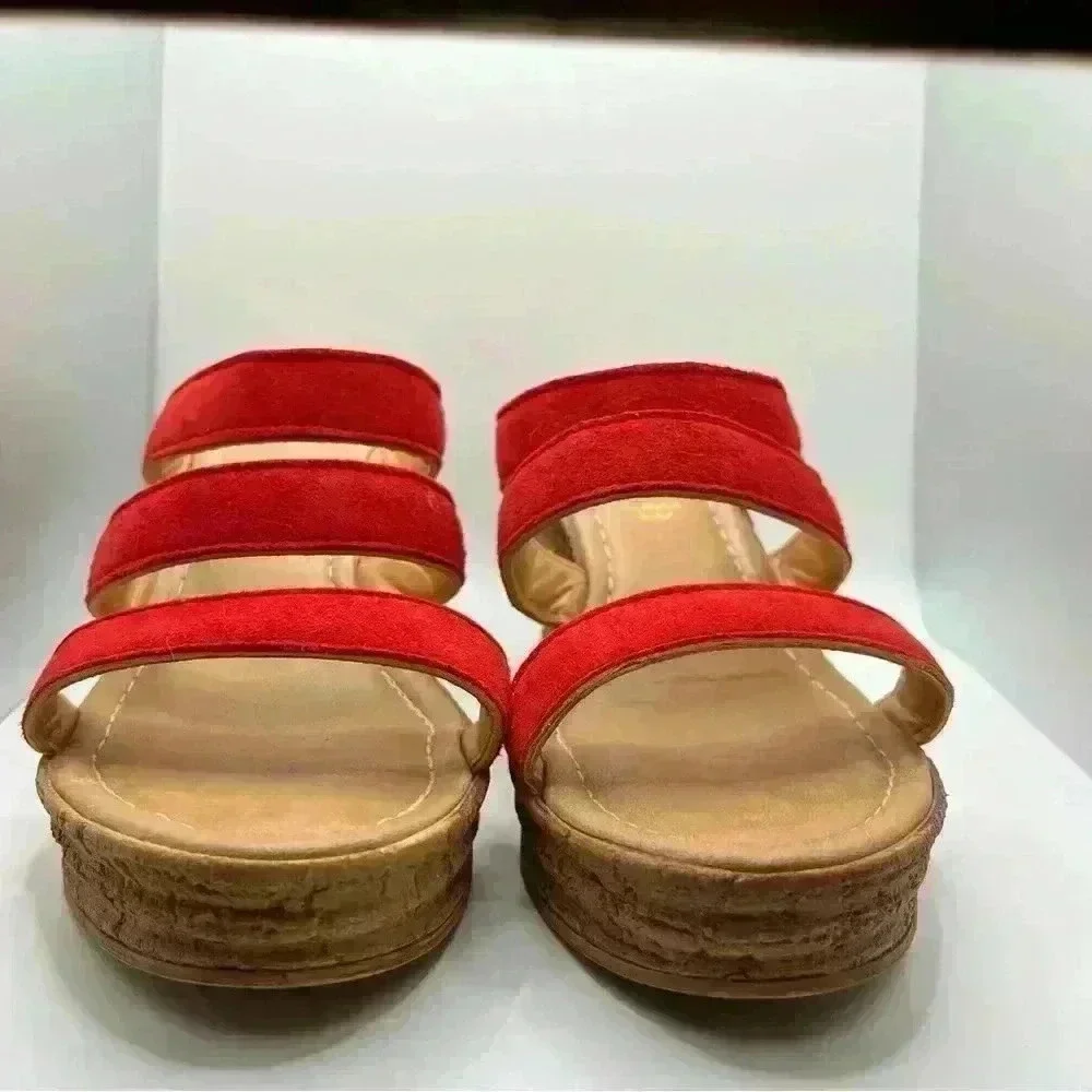 Mariella Beige Slide Wedge‎ Platform Red Straps Women Size 9 SKU #4590